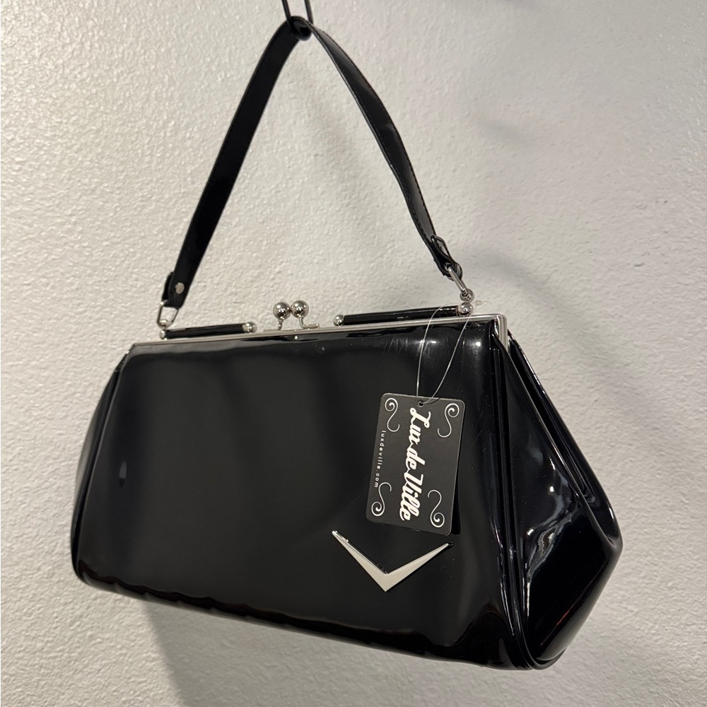 Lux de Ville Black Patent Frame-Top Handbag